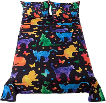 qjmiaofang Cat Sheets Queen Multi Color Sheet Set Candy Cat Fitted Sheet Cute Black Cat Bedding Set for Kids 4Pcs Colorful Butterfly Printed Bed Set for Home 1 Fitted Sheet 1 Flat Sheet 2 Pillowcases