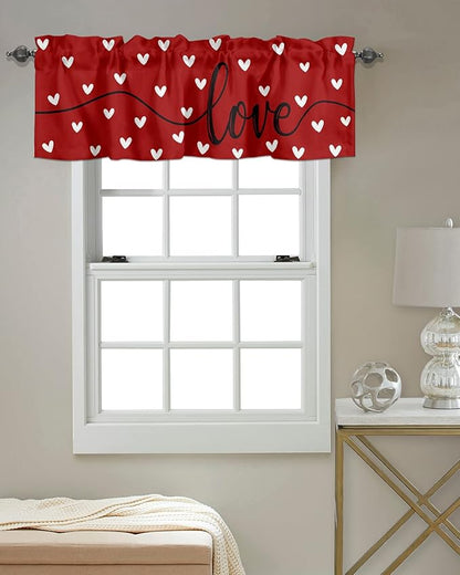 Vandarllin Valentines Day Hearts Valances Kitchen Curtains for Windows, Valentines Decor LOVE Rod Pocket Valances Red White Short Curtains for Bedroom/Living Room,54" X 18" -1 Panel