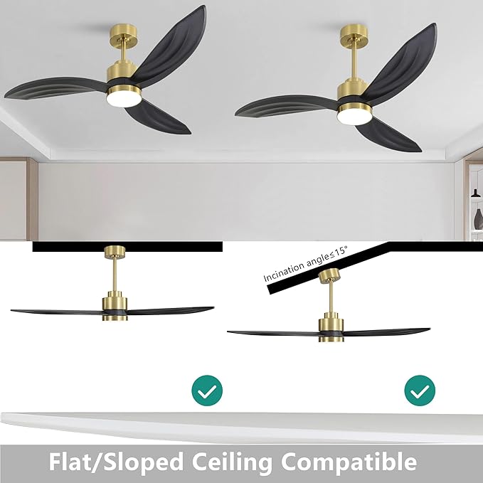 52" Wood Ceiling Fan with Lights and Remote Control, 3 Blades 6-Speed Dimmable Light Reversible DC Motor Ceiling fan for Kitchen Bedroom Dining Living Room, Black Wood Blades with Gold