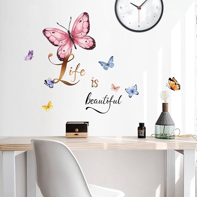 Butterfly Wall Art Decal - 'Life is Beautiful' Motivational Quote - 90x30cm Peel & Stick Design for Home Decor