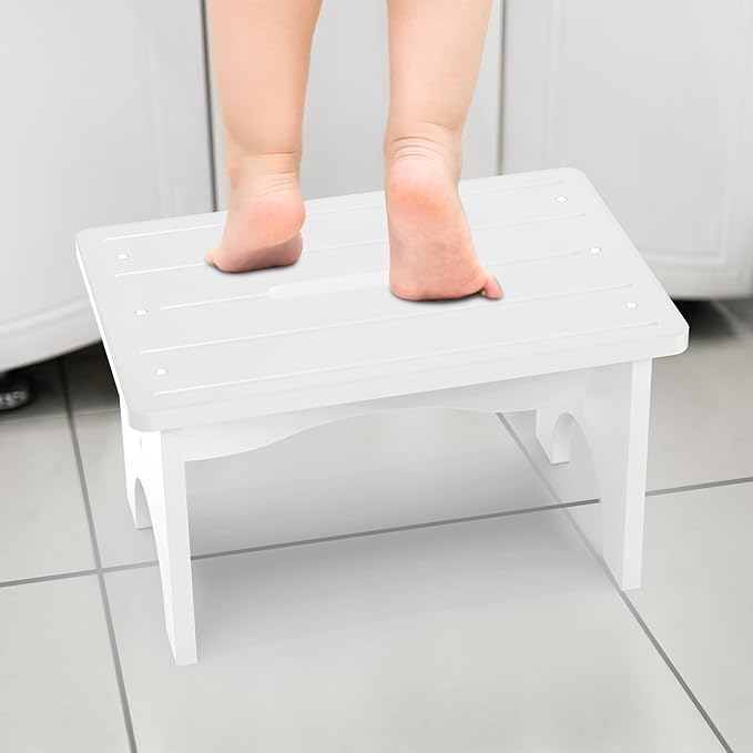 Wooden Step Stool for Adults, Portable Wood Step Stool for Kids, Heavy Duty Bedside Step Stool with 550 Lbs Load Capacity, Non-Slip White One Step Foot Stool for Kitchen Bathroom Bedroom