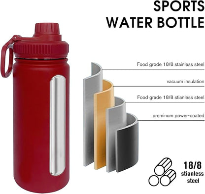 18oz Insulated Water Bottle ，Stainless Steel Sports Water Cup Flask with 2 Lids, Wide Mouth Travel Thermal Mug,Outdoor Sports Bottle（Deep red）