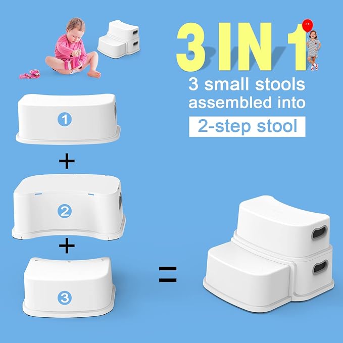 2 Step Stool for Toddlers, Anti-Slip Sturdy Toddler Step Stool for Bathroom Sink, Toilet Potty Training, Bathroom, Kitchen (White)