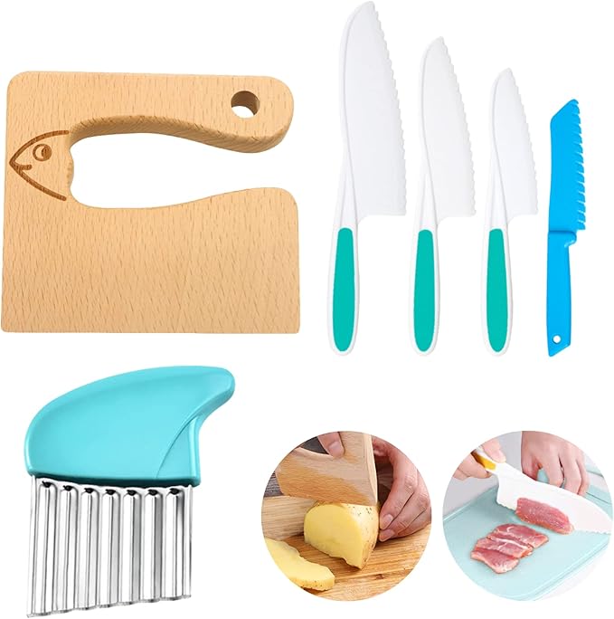 6 PCS Kids Kitchen Safe Wooden Knife Set for Real Cooking, Kids Montessori Kitchen Cooking Tools, Plastic Serrated Edges Toddler Knives, Crinkle Potato Cutter for Children Cooking (Blue)