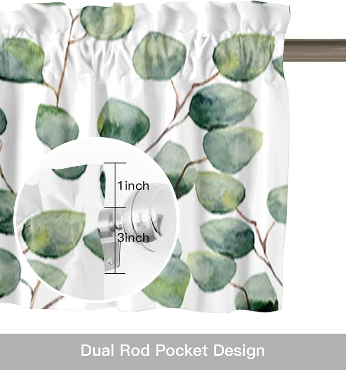 Vandarllin Watercolor Eucalyptus Vine Leaves Kitchen Curtains Valances for Windows Summer Green White Rod Pocket Window Treatment for Kitchen/Living Room/Bedroom/Bathroom,60" X 18" -1 Panel,