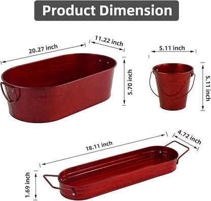 Oval Ice Bucket with 3 Serve Buckets Set - Condiments, Nuts, Ice Cream, Snacks, Candy Serving Bowls, Metal Drink Cooler Beverage Tub, Chill Wine & Beer, 4 Gallons for Home Parties, Red/Wire handle