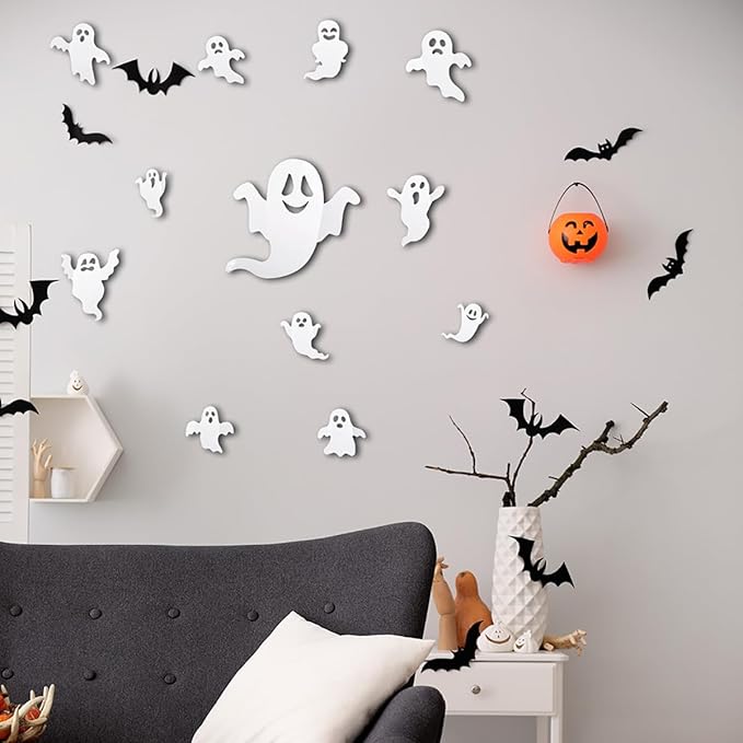 24Pcs Halloween Ghost Wall Decor 3D Ghost Stickers Decor Reusable Cute Halloween Decor Self-Adhesive White Ghost Wall Decorations for Gothic Window Door Wall Room Closet Halloween Home Decor Stickers