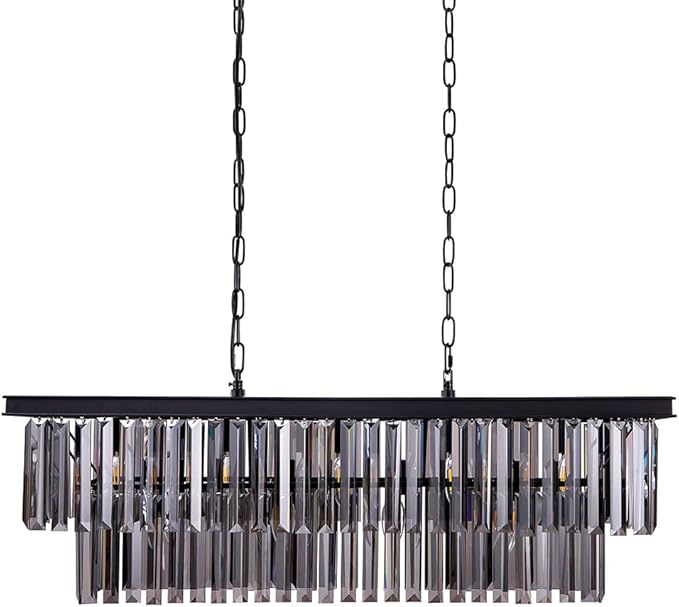 Wellmet Black Crystal Chandelier, 9-Light Modern Farmhouse Chandeliers Dining Room Lighting Fixture, Adjustable Retangle Hanging Ceiling Light for Living Room,Pool Table Light, Kitchen Island