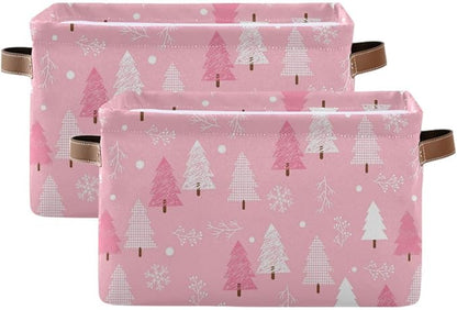 Christmas Tree Pink Storage Basket Fabric Kitchen Baskets Winter Snowflake Xmas Decorations Open Home Storage Bins Boxes Foldable Organizer Bag for Toy Book Shelf Closet Baskets 16×12×8 Inches