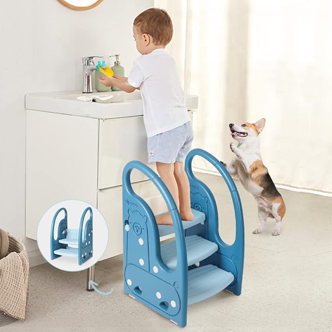 Toddler Step Stool Chair Onasti Kids 3 Step Standing Tower for Toddlers Plastic Learning Helper Stool for Kitchen Counter Bathroom Sink Toilet Potty Training with Handles and Non-Slip Pads-Blue