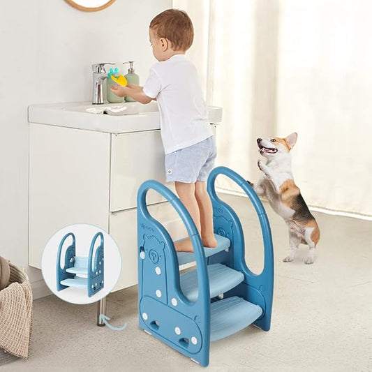 Toddler Step Stool Chair Onasti Kids 3 Step Standing Tower for Toddlers Plastic Learning Helper Stool for Kitchen Counter Bathroom Sink Toilet Potty Training with Handles and Non-Slip Pads-Blue