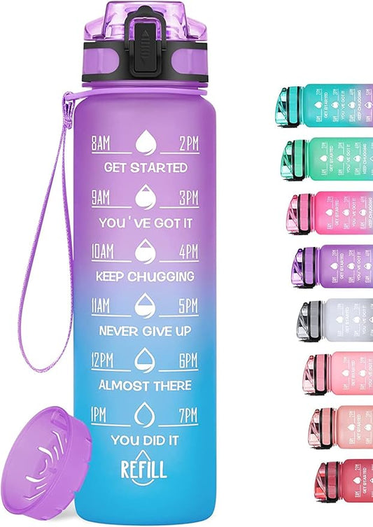 1000ml Motivational Water Bottle with Time Marker, Leak-proof BPA Free Tritan Drink Bottle with Fruit Strainer, Perfect for Fitness, Gym and Outdoor Sports