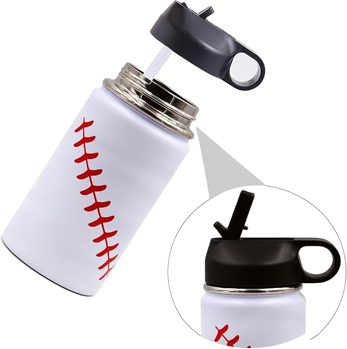 12 oz Baseball Water Bottle, Wide Mouth Sports Flask Metal Travel Tumbler with 2 Lids 18/8 Stainless Steel Double Wall Vacuum Insulated (12oz, White baseball)