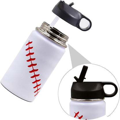 12 oz Baseball Water Bottle, Wide Mouth Sports Flask Metal Travel Tumbler with 2 Lids 18/8 Stainless Steel Double Wall Vacuum Insulated (12oz, White baseball)