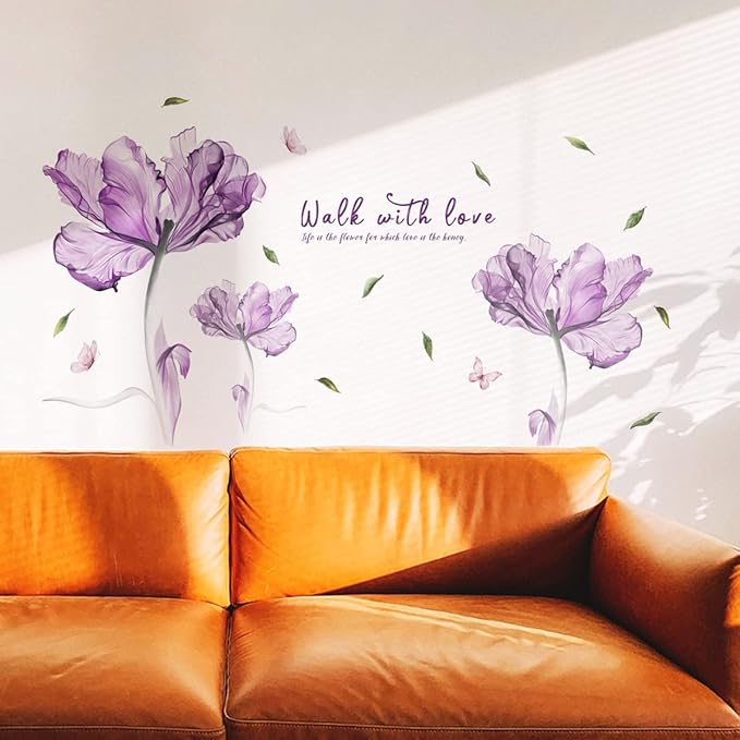 "Walk into Love" 3D Purple Flower Wall Stickers - 60cm x 23.6in Vinyl Decor for Home, Bedroom, Living Room, Office, Bathroom - 2 Sheets of 30cm x 90cm