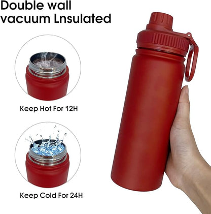 18oz Insulated Water Bottle ，Stainless Steel Sports Water Cup Flask with 2 Lids, Wide Mouth Travel Thermal Mug,Outdoor Sports Bottle（Deep red）