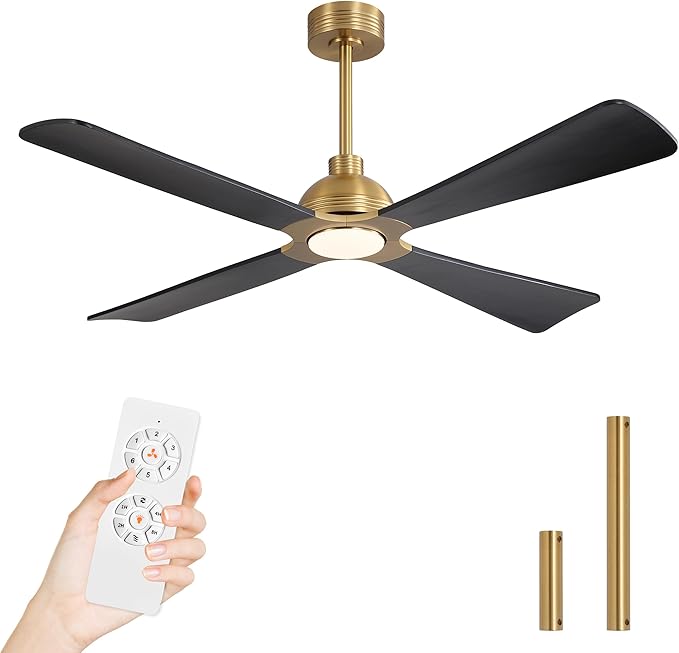 WINGBO 56 Inch DC Ceiling Fan with Lights and Remote, 4 Solid Wood Blades, 3CCT, 6-Speeds Reversible DC Motor, Modern Ceiling Fan for Bedroom Living Room Kitchen, Brass and Black