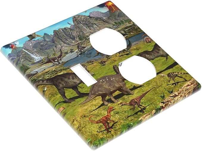 Cute Dinosaur Combo Single Toggle 1 Duplex Outlet Light Switch Wall Plate Cover Decorative 2-Gang for Electrical Boys Kids Room Bathroom Bedroom Home Kitchen One Receptacle 4.5" x 4.6"