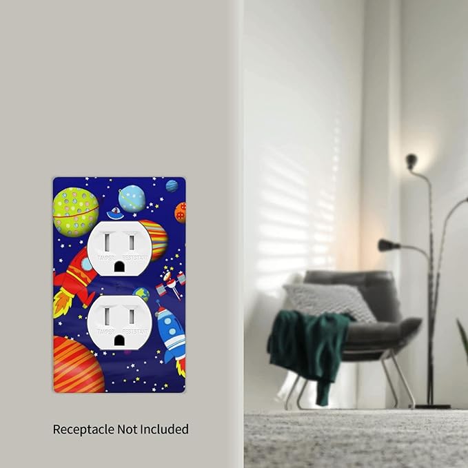 Space Astronaut Duplex Outlet Switch Wall Plate Cover Decorative 1-Gang for Electrical Boys Kids Room Bathroom Bedroom Home Kitchen One Receptacle Polycarbonate Power Gear 4.5" x 2.76"