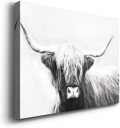 Renditions Gallery Canvas Animal Wall Art Home Paintings & Prints Highland Longhorn Cow Modern Black & White Glam Horror Artwork Decorations for Bedroom Office Kitchen - 12"x18" LT33