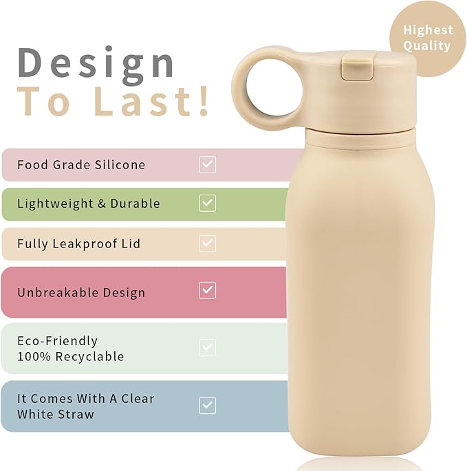 15oz/450ml Water Bottle, Silicone Travel Water Cup Leak-Proof/BPA Free Lightweight Sports Fitness Essential with Straw for Home Gym Work/Running/Camping/Hiking, Easy Carrying, Khaki