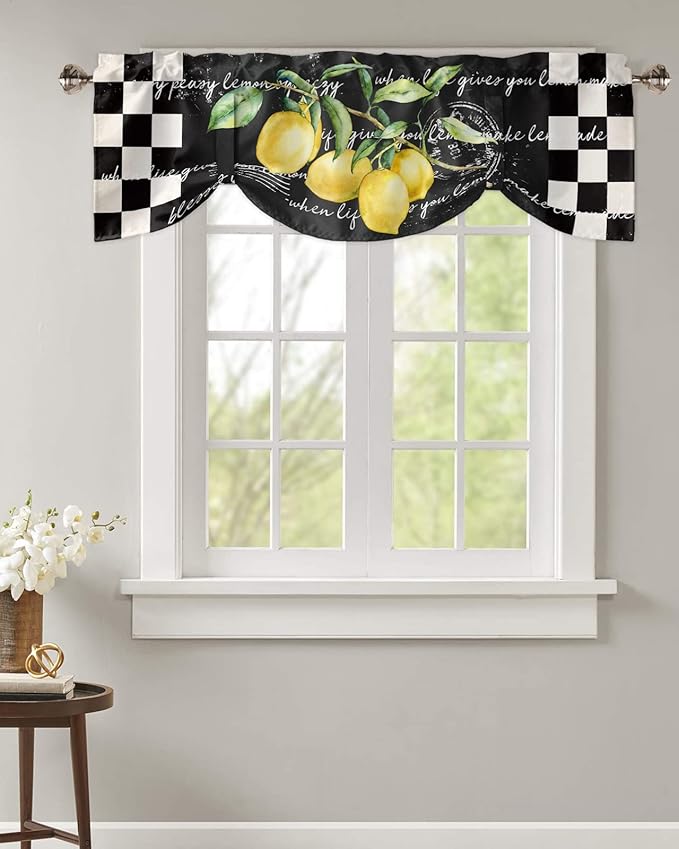 Summer Tropical Lemon Blackout Tie Up Valance Curtains for Kitchen Windows Buffalo Plaid Black White Window Toppers Balloon Shades for Living Room/Bathroom/Bedroom,1 Panel,54" X 18"