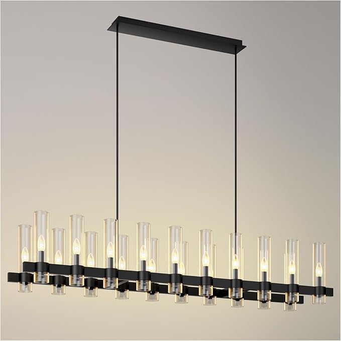 68 Inch Black Chandelier Linear with Clear Glass Shade, 20-Lights Modern Farmhouse Ceiling Pendant Hanging Light Fixture Over Table, for Dining Room, Kitchen Island