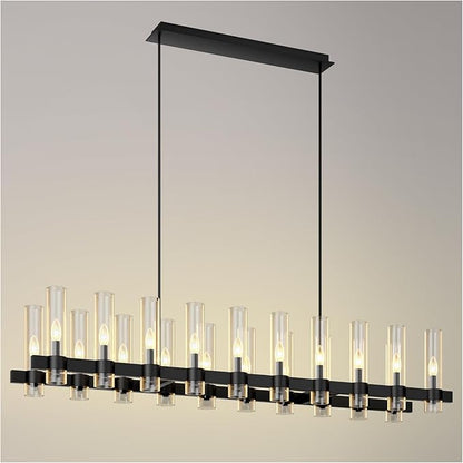 68 Inch Black Chandelier Linear with Clear Glass Shade, 20-Lights Modern Farmhouse Ceiling Pendant Hanging Light Fixture Over Table, for Dining Room, Kitchen Island