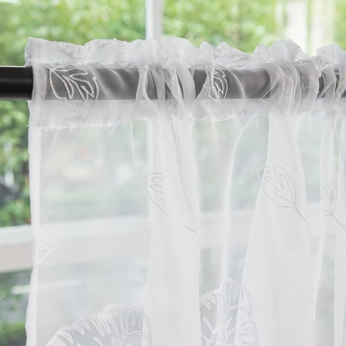 Windows Embroider-Spray Sheer White Curtains 63 Inches Length 2 Panels Voile Light Filtering Sheer Curtains Panel Basic Rod Pocket Sheer for Bedroom Living Room Children Room Kitchen Yard