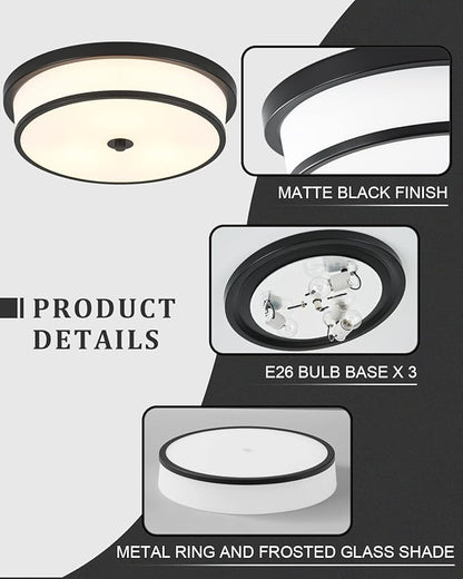 16 inch Flush Mount Ceiling Light, 3-Light Close to Ceiling Light Fixtures with Black Finish for Livingroom Bedroom Kitchen Diningroom(Black)