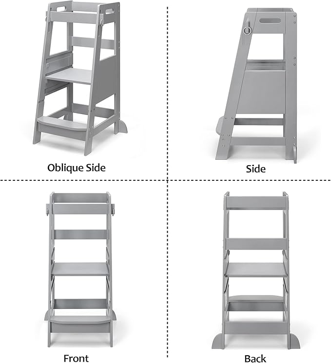 TOETOL Bamboo Toddler Step Stool Grey Learning Standing Helper Tower for Toddlers Kitchen Stools Counter 3 Height Adjustable Helper with Non-Slip Mat