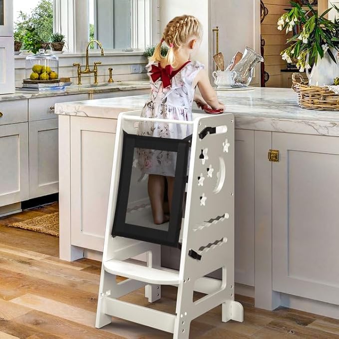 TOETOL Kids Kitchen Bamboo Step Stool with Keeper, Toddler Standing Tower 3 Height Adjustable, Helper Tower with Black & White Activity