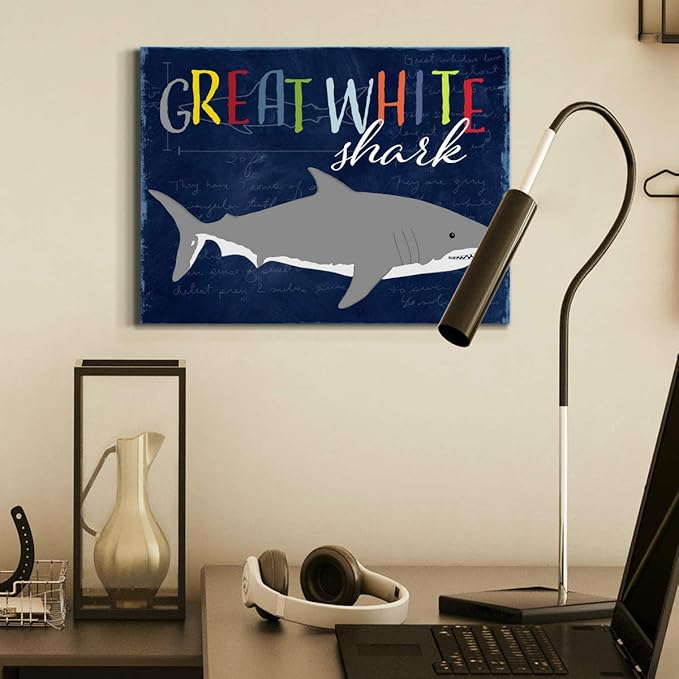 Renditions Gallery Canvas Animal Wall Art Home Paintings & Prints Smiling Playful White Shark Modern Abstract Vibrant Wall Hanging Decorations for Kids Bedroom Nursery - 18"x27" LT33