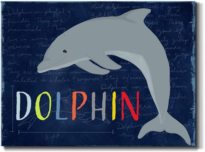 Renditions Gallery Canvas Animal Wall Art Home Paintings & Prints Blue Playful Dolphin Modern Abstract Vibrant Canvas Wall Hanging Decorations for Kids Bedroom Nursery - 32"x48" LT33