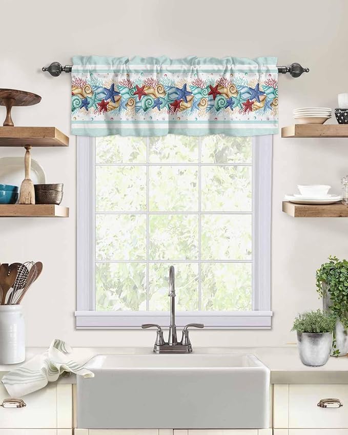 Vandarllin Coastal Beach Kitchen Curtains Valances for Windows Nautical Ocean Seashell Coral Starfish Rod Pocket Window Treatment for Kitchen/Living Room/Bedroom/Bathroom, 42" X 18", Aqua Blue Summer