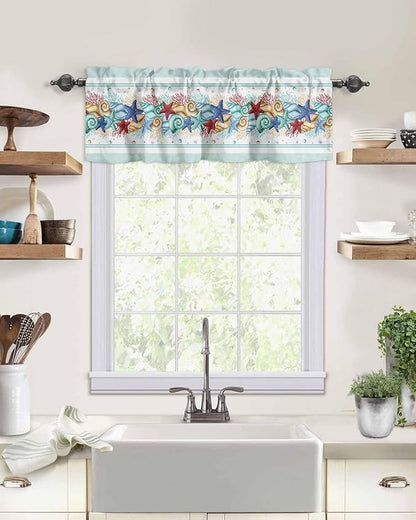 Vandarllin Coastal Beach Kitchen Curtains Valances for Windows Nautical Ocean Seashell Coral Starfish Rod Pocket Window Treatment for Kitchen/Living Room/Bedroom/Bathroom, 60" X 18", Aqua Blue Summer