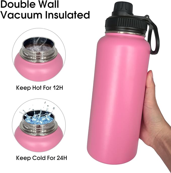 1pack 32 oz Insulated Water Bottle With Straw, Stainless Steel Sports Water Cup Flask with 2 Lids, Wide Mouth Travel Thermal Mug,Pink