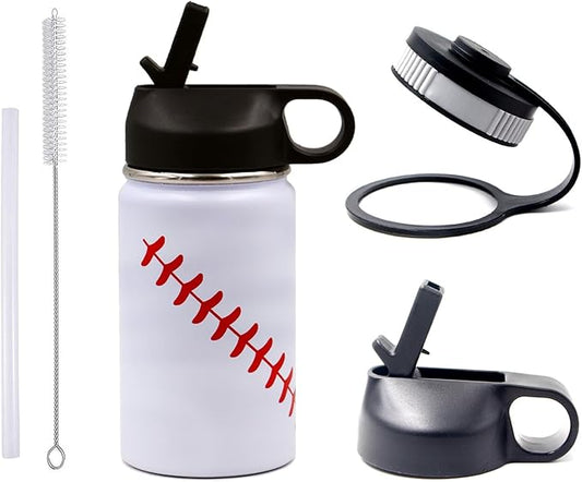 12 oz Baseball Water Bottle, Wide Mouth Sports Flask Metal Travel Tumbler with 2 Lids 18/8 Stainless Steel Double Wall Vacuum Insulated (12oz, White baseball)