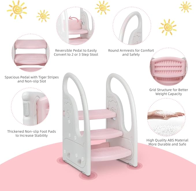 Toddler Step Stool Chair Onasti Kids 3 Step Standing Tower for Toddlers Plastic Learning Helper Stool for Kitchen Counter Bathroom Sink Toilet Potty Training with Handles and Non-Slip Pads-Pink White