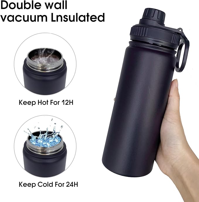 18oz Insulated Water Bottle ，Stainless Steel Sports Water Cup Flask with 2 Lids, Wide Mouth Travel Thermal Mug,Outdoor Sports Bottle（Blue Black）