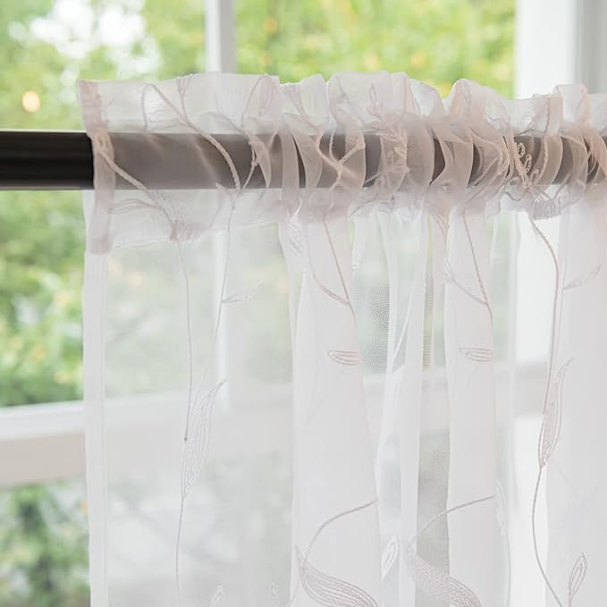 Windows Embroider-Leaf Sheer White Curtains 63 Inches Length 2 Panels Voile Light Filtering Sheer Curtains Panel Basic Rod Pocket Sheer for Bedroom Living Room Children Room Kitchen Yard