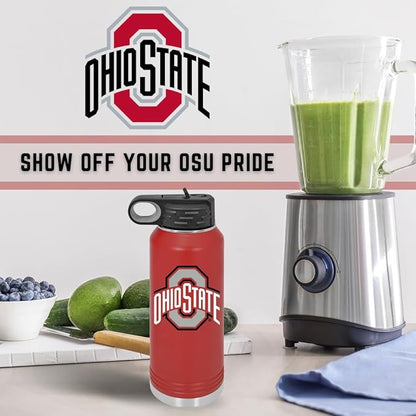 Ohio State University 32oz Stainless Steel Double Walled Red Beverage Bottle with Flip Straw Spout- College Gear for Playoff Season – For Office, Home or Auto – Show your Buckeye Pride