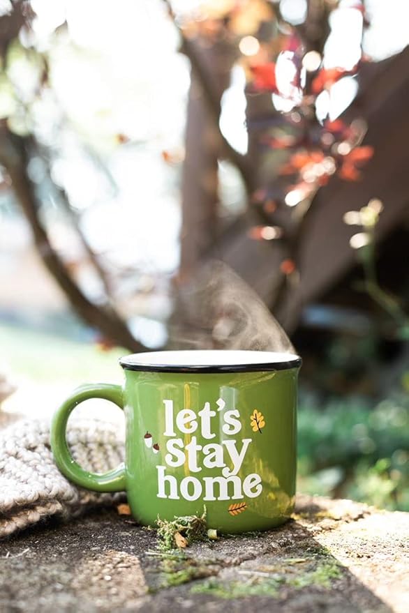 Pearhead Let's Stay Home Mug, Autumn Home Dećor Accessories, Fall Holiday Kitchen Decor, Coffee or Tea Cup, Green, 15oz