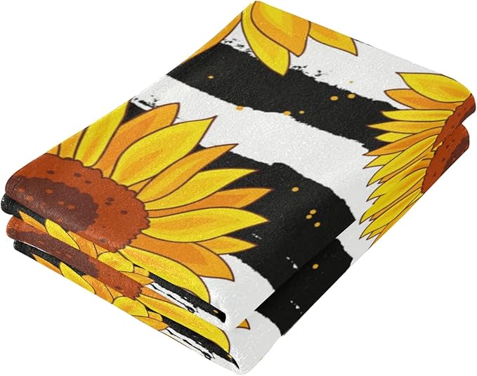 Towel Sets 2 Pack, Sunflowers on Black Striped Bath Hand Towels Soft Absorbent Quick Dry for Bathroom Beach Kitchen Gym Travel