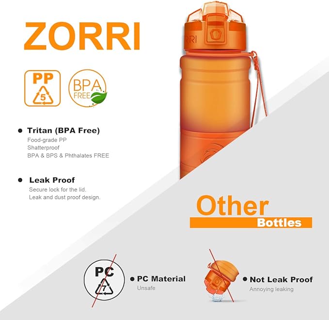 ZORRI 14/17/ 24/32 OZ Water Bottles, BPA Free Tritan Lightweight Leak Proof Sport Bottle with Brush, Lock Feature, Track Marker, and Flip Lid for Kids School, Fitness, Office, Sports & Outdoors