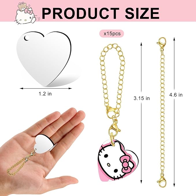 15 Sets Sublimation Charms Accessories for Stanley Cup Sublimation Keychain Blanks Bulk MDF Sublimation Key Chains Charm Blanks for Tumblers with Handle for DIY Crafts Gift (Heart)