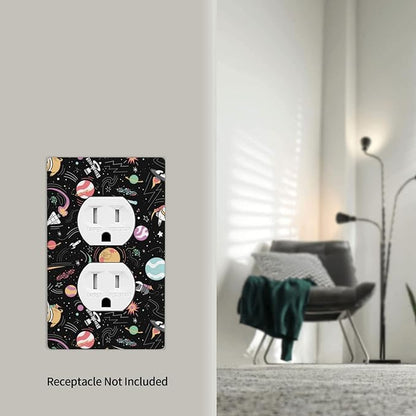 Space Cute Cat Dog Decorative 1 Gang Duplex Outlet Cover Wall Plate Single Switch One for Electrical Kitchen Kids Boys Room Bedroom Bathroom Home Novelty Decorate