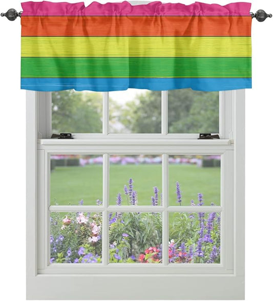 Vandarllin Farmhouse Kitchen Curtains Valances for Windows,Rainbow Retro Rustic Barn Wood Texture Rod Pocket Country Window Treatment for Kitchen/Living Room/Bedroom/Bathroom,60" X 18" -1 Panel