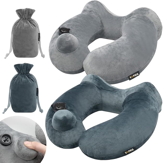 Self-Inflatable Neck Travel Pillow with Compact Bag and Washable Cover for Sleeping Airplane Soft Velvet Pillow for Long Flight Neck Cushion for Head Support Car Home Office (GreyGreen 2 Pack)