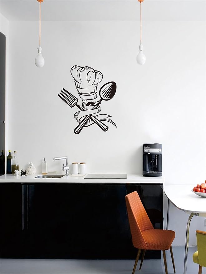 Whimsical Chef Wall Sticker: Kitchen Wall Art with Fork, Spoon, Chef Hat - Vinyl Décor Decal to Spruce Up Your Home Mural - Add a Touch of Culinary Charm Effect 17"x19"inch(Black-JZY048-Chef)